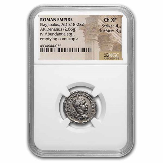 Roman Empire AR Denarius Elagabalus Ch XF NGC (RIC IV 56) Roman Empire AR Denarius Elagabalus Ch XF NGC (RIC IV 56)