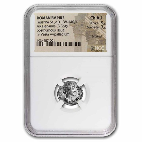 Roman Empire AR Denarius Faustina Sr. (138-140/1 AD) Ch AU NGC Roman Empire AR Denarius Faustina Sr. (138-140/1 AD) Ch AU NGC