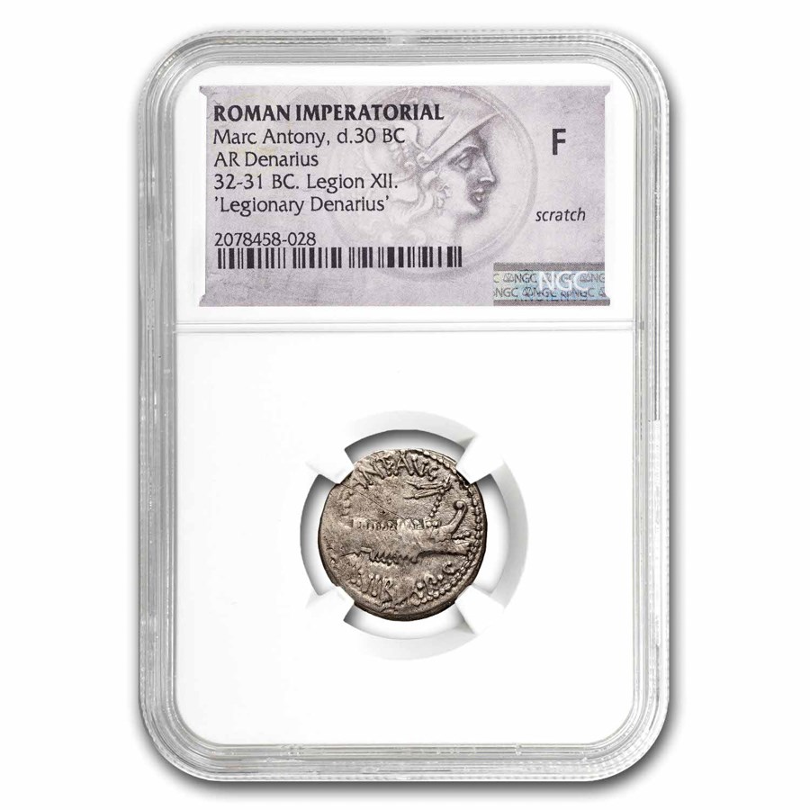 Roman Empire AR Denarius Marc Antony Legion XIII 30 BC Fine NGC