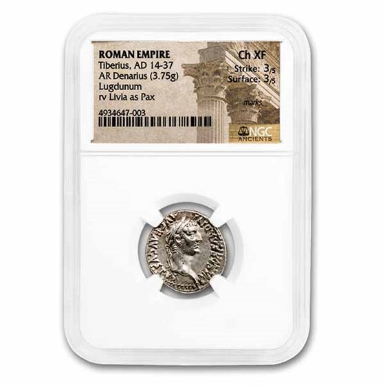 Roman Empire AR Denarius Tiberius (14-37 AD) Ch XF NGC (RIC I 30) Roman Empire AR Denarius Tiberius (14-37 AD) Ch XF NGC (RIC I 30)