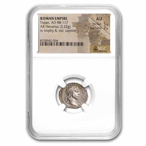 Roman Empire AR Denarius Trajan (98-117 AD) AU NGC (RIC II 223) Roman Empire AR Denarius Trajan (98-117 AD) AU NGC (RIC II 223)