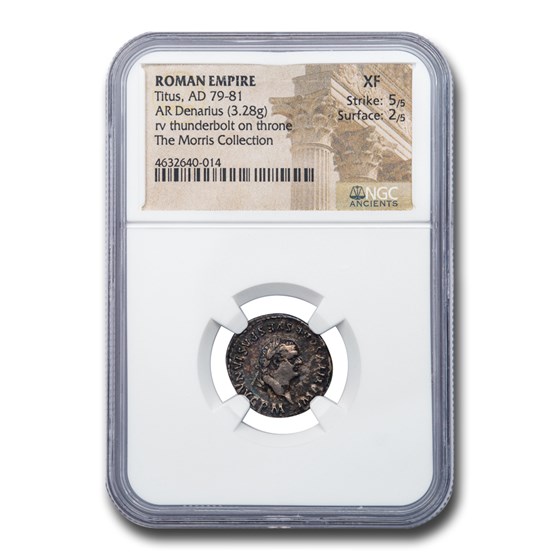Roman Empire Silver Denarius Emperor Titus (79-81 AD) XF NGC Roman Empire Silver Denarius Emperor Titus (79-81 AD) XF NGC