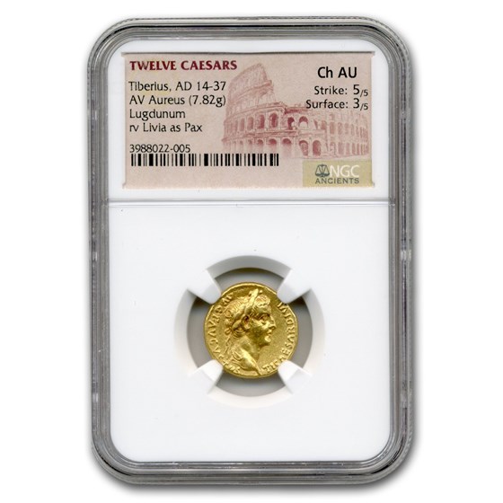 Roman Gold Aureus Emperor Tiberius (14-37 AD) CH AU NGC Roman Gold Aureus Emperor Tiberius (14-37 AD) CH AU NGC