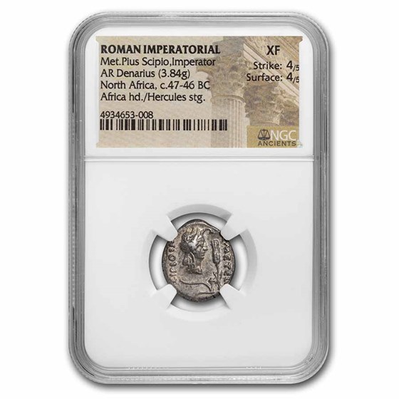 Roman Imperatorial AR Denarius Met Pius Scipio (47-46 BC) XF NGC Roman Imperatorial AR Denarius Met Pius Scipio (47-46 BC) XF NGC