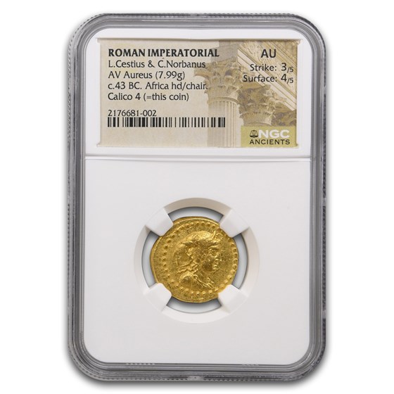 Roman Imperatorial Gold Aureus Cestius & Norbanus (43 BC) AU NGC