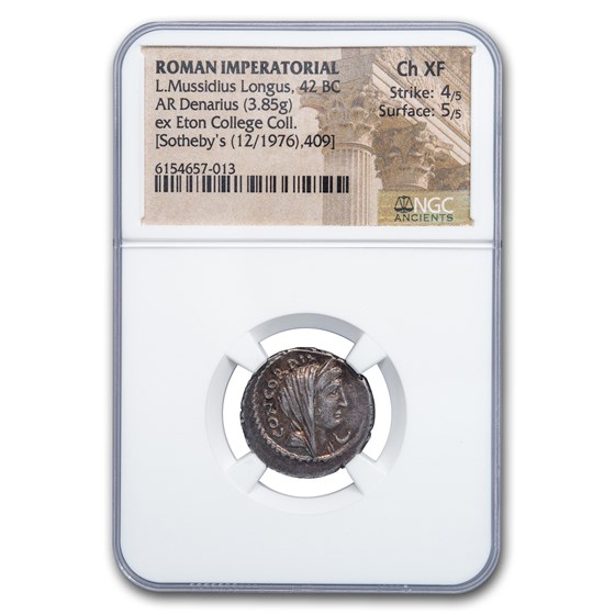 Roman Imperatorial Silver Denarius L. Muss Lon (42 BC) CH XF NGC Roman Imperatorial Silver Denarius L. Muss Lon (42 BC) CH XF NGC