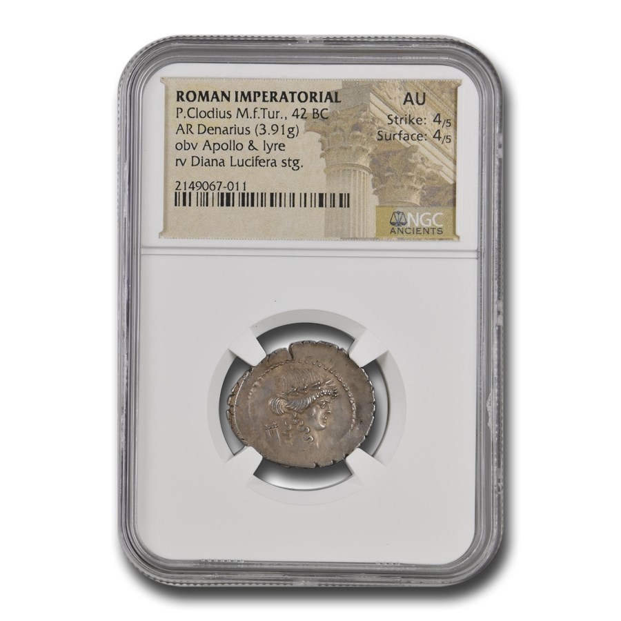 Roman Imperatorial Silver Denarius P Clodius (42 BC) AU NGC (4/4)