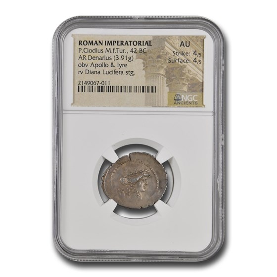 Roman Imperatorial Silver Denarius P Clodius (42 BC) AU NGC (4/4) Roman Imperatorial Silver Denarius P Clodius (42 BC) AU NGC (4/4)