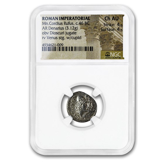 Roman Republic AR Denarius Cordius Rufus (46 BC) Ch AU NGC Roman Republic AR Denarius Cordius Rufus (46 BC) Ch AU NGC