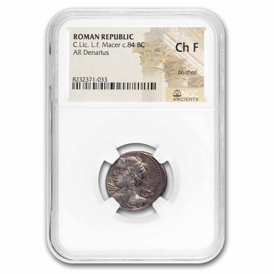 Roman Republic AR Denarius L. Macer (84 BC) Ch F NGC (Cr-354/1)