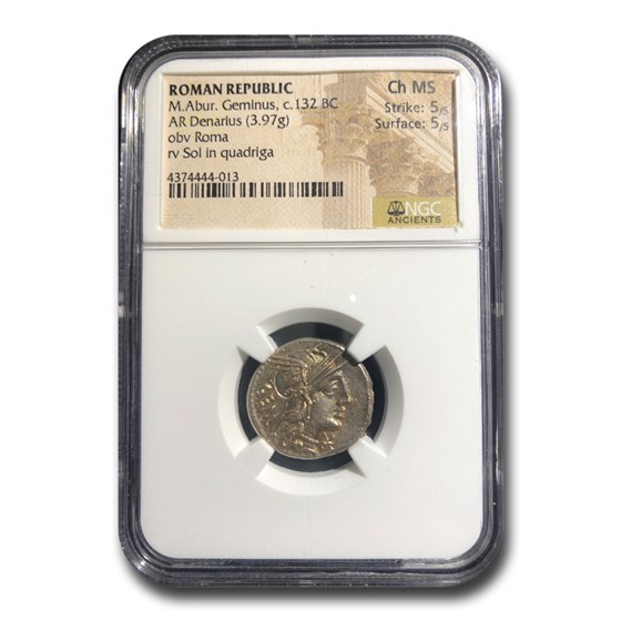 Roman Republic AR Denarius M. Abur. Geminus (132 BC) CH MS NGC Roman Republic AR Denarius M. Abur. Geminus (132 BC) CH MS NGC