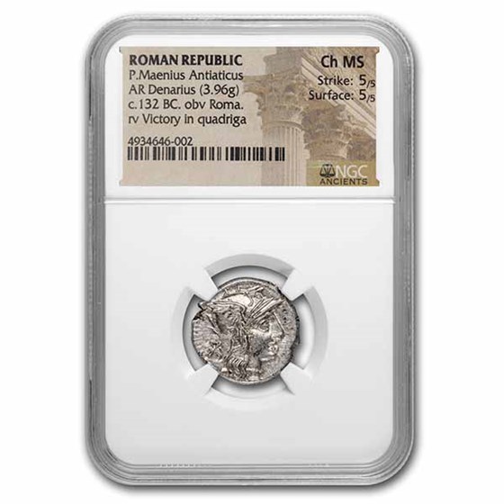 Roman Republic AR Denarius P. Mae. (c132 BC) CH MS NGC (Cr 249/1) Roman Republic AR Denarius P. Mae. (c132 BC) CH MS NGC (Cr 249/1)
