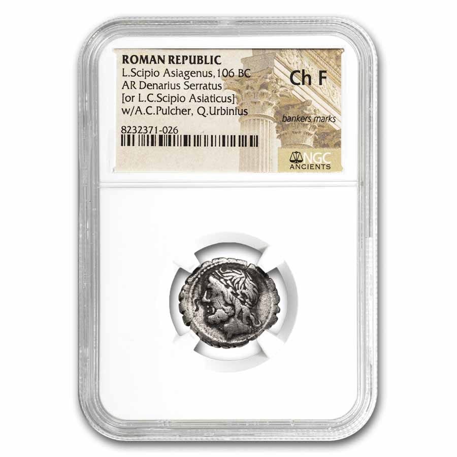 Buy 106 BC Roman Silver Serrate Denarius Scipio Ch F NGC | APMEX