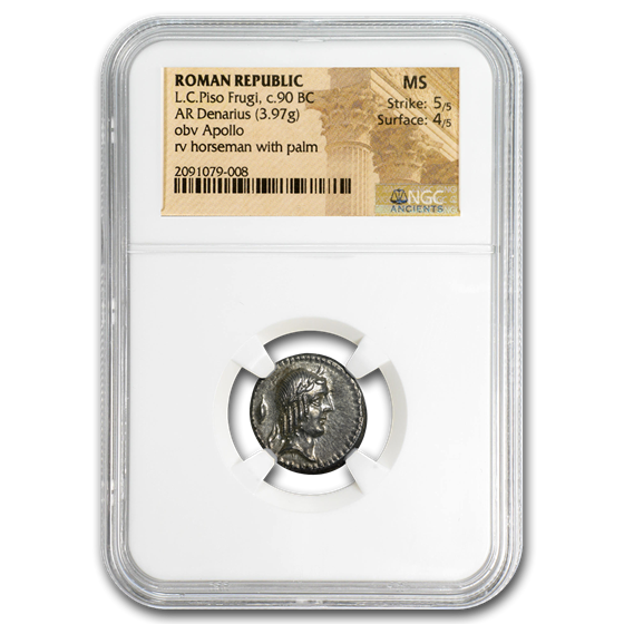 Roman Republic Silver Denarius L.C. Piso Frugi (c.90 BC) MS NGC Roman Republic Silver Denarius L.C. Piso Frugi (c.90 BC) MS NGC