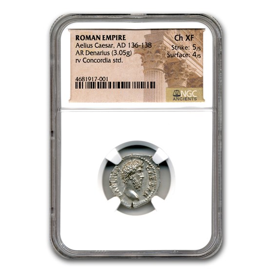 Roman Silver Denarius Aelius as Caesar (136-138 AD) Ch XF NGC Roman Silver Denarius Aelius as Caesar (136-138 AD) Ch XF NGC