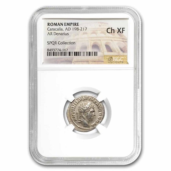 Roman Silver Denarius Caracalla (198-217 AD) Ch XF NGC (Random)