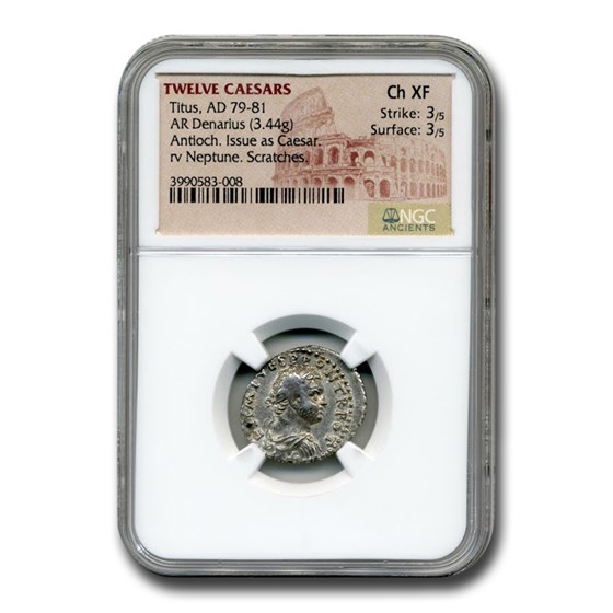Roman Silver Denarius Emperor Titus (79-81 AD) Ch XF NGC Roman Silver Denarius Emperor Titus (79-81 AD) Ch XF NGC