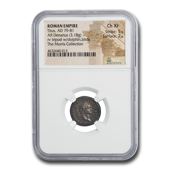 Roman Silver Denarius Emperor Titus (79-81 AD) Ch XF NGC Roman Silver Denarius Emperor Titus (79-81 AD) Ch XF NGC