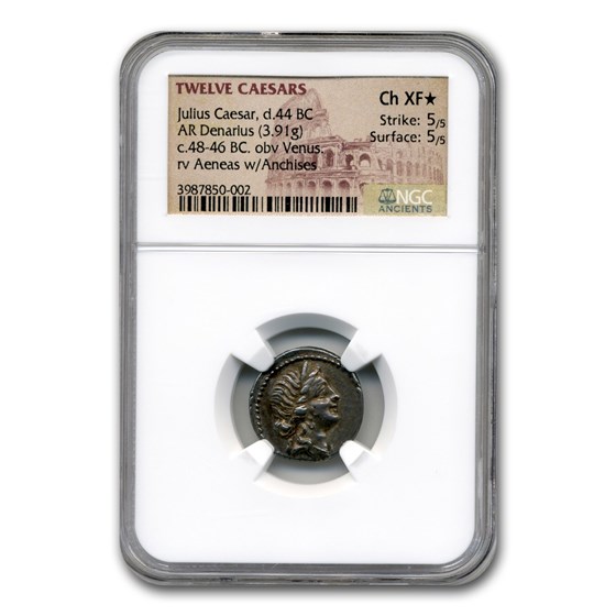 Roman Silver Denarius Julius Caesar (48-46 BC) Ch XF* NGC Roman Silver Denarius Julius Caesar (48-46 BC) Ch XF* NGC