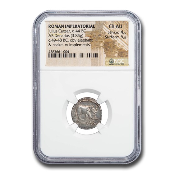 Roman Silver Denarius Julius Caesar (d 44 BC) Ch AU NGC Roman Silver Denarius Julius Caesar (d 44 BC) Ch AU NGC