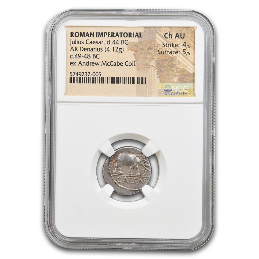 Roman Silver Denarius Julius Caesar Elephant (44 BC) Ch AU NGC
