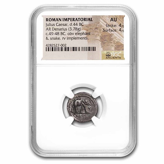 Roman Silver Denarius Julius Caesar Elephant (49-48 BC) AU NGC Roman Silver Denarius Julius Caesar Elephant (49-48 BC) AU NGC