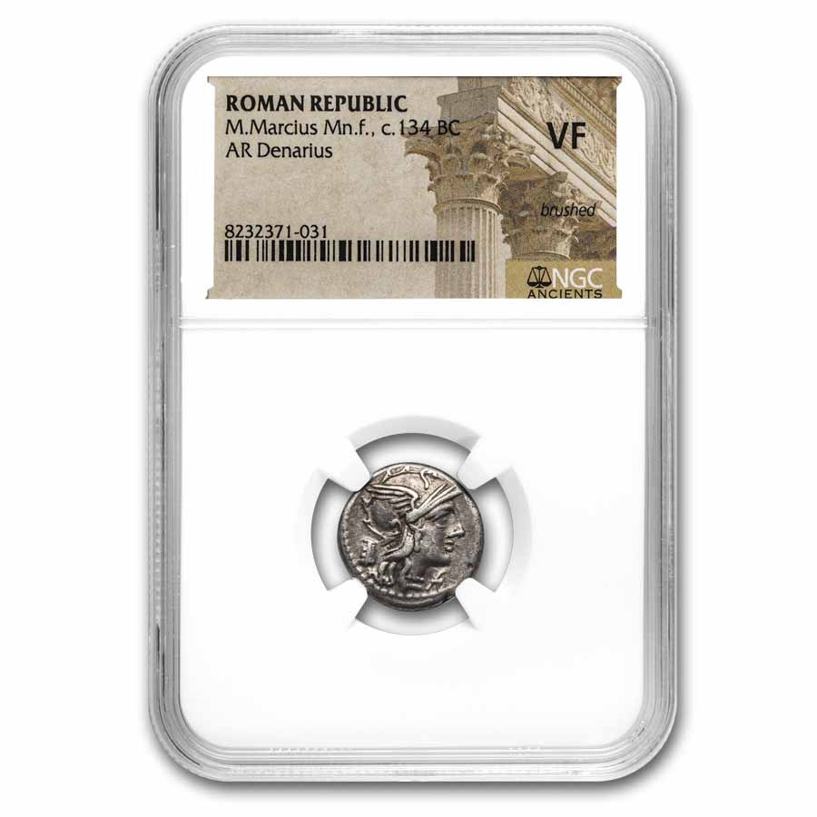 Roman Silver Denarius M. Marcius Mn. f. (134 BC) VF NGC