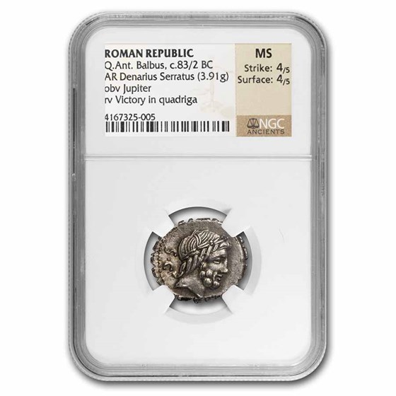 Roman Silver Denarius Serratus Q. Ant. Balbus (83 BC) MS NGC Roman Silver Denarius Serratus Q. Ant. Balbus (83 BC) MS NGC