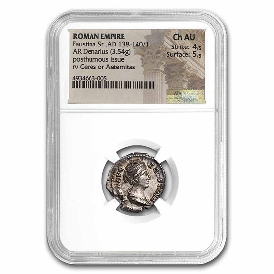 Rome AR Denarius Faustina Sr. (138-140/1 AD) AU NGC (RIC III 360) Rome AR Denarius Faustina Sr. (138-140/1 AD) AU NGC (RIC III 360)