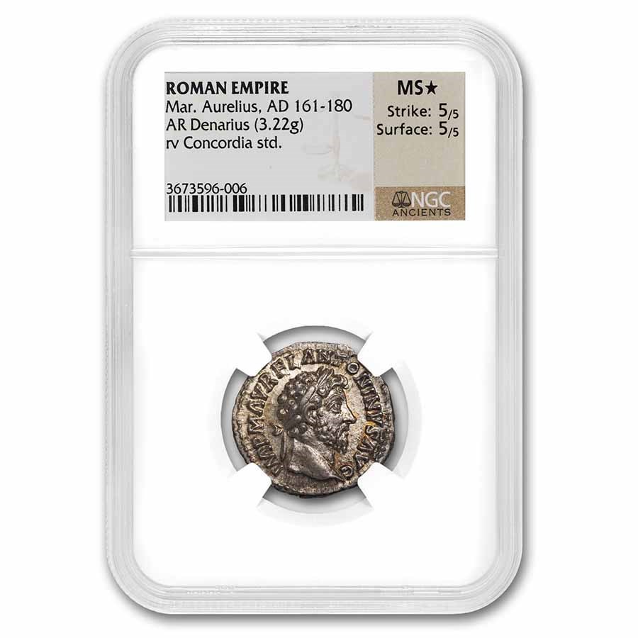 Rome AR Denarius Marcus Aurelius (161-180 AD) MS* NGC RIC III 35