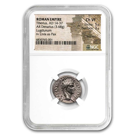 Rome AR Denarius Tiberius 14-37 AD Ch VF NGC (5/3, Tribute Penny)