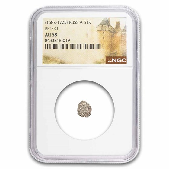 Russian Empire Silver Kopek Peter the Great AU-58 NGC (Random)