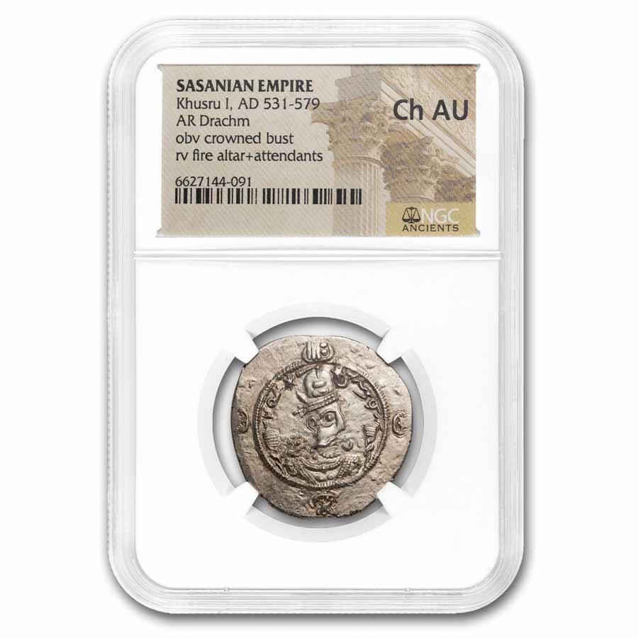 Sasanian Empire AR Drachm King Khusru II (591-628 AD) Ch AU NGC