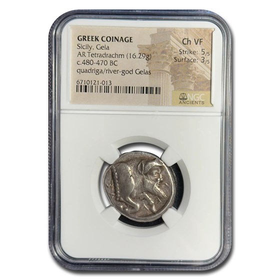 Sicily Gela Silver Tetradrachm (480-470 BC) Ch VF NGC (5/3) Sicily Gela Silver Tetradrachm (480-470 BC) Ch VF NGC (5/3)