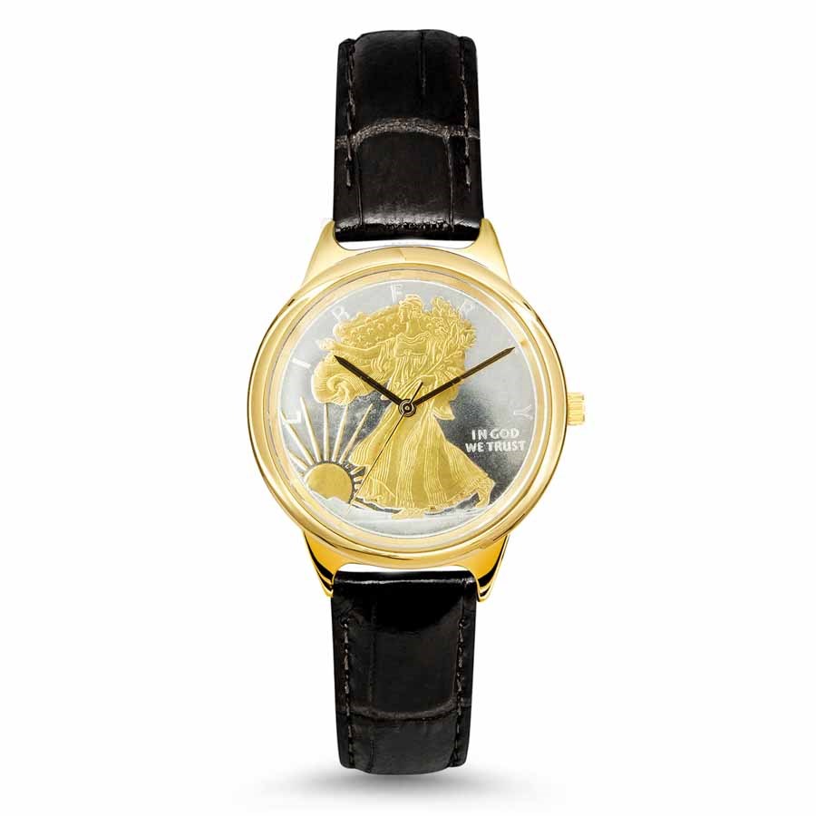 Silver Gilded Walking Liberty Medallion Gold Tone Watch