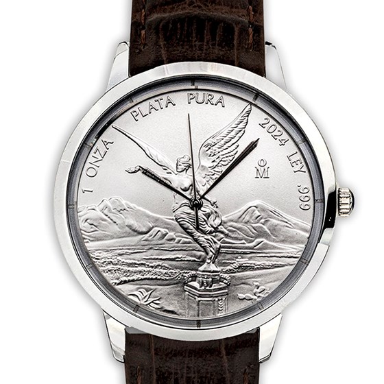 Silver Mexican Libertad Leather Watch