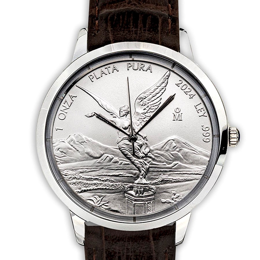Silver Mexican Libertad Leather Watch
