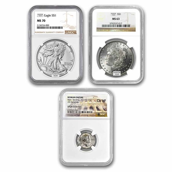 Silver Through the Ages 3-Coin Set NGC (Ancient-Modern) Silver Through the Ages 3-Coin Set NGC (Ancient-Modern)