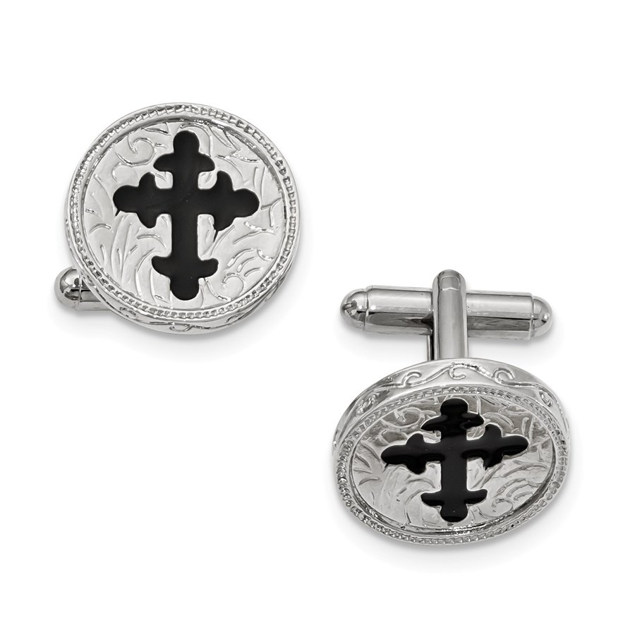 Silver-tone Black Enameled Cross Cuff Links
