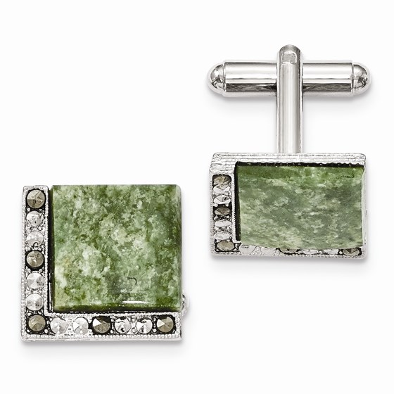 Silver-tone Green Jade & Marcasite Cuff Links Silver-tone Green Jade & Marcasite Cuff Links