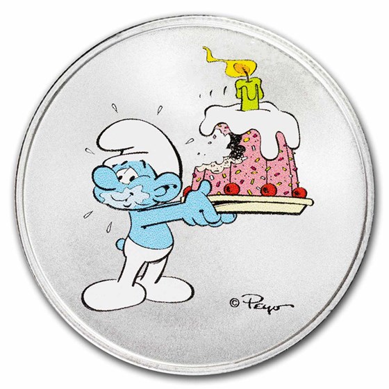 Smurfs Happy Birthday 1 oz Colorized Silver Smurfs Happy Birthday 1 oz Colorized Silver