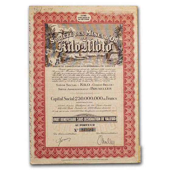 Société Des Mines D'or Kilo-Moto Bond Certificate (Red)