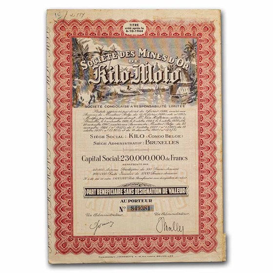 Société Des Mines D'or Kilo-Moto Bond Certificate (Red) Société Des Mines D'or Kilo-Moto Bond Certificate (Red)