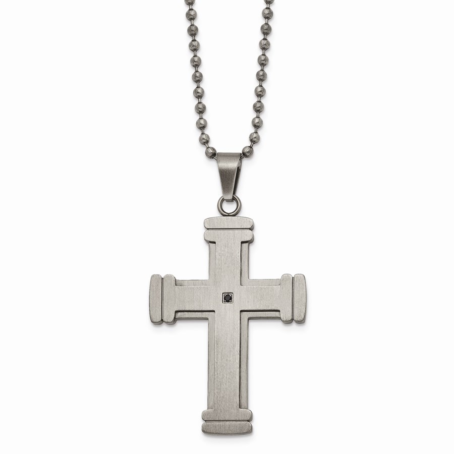 SS Antiqued Polished and Brushed CZ Cross Necklace - 22 in.