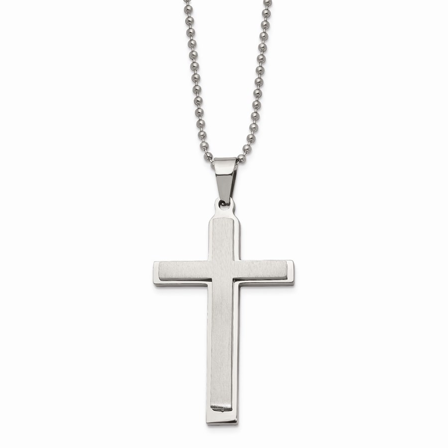 SS Brushed and Polished Layered Cross Necklace - 22 in.