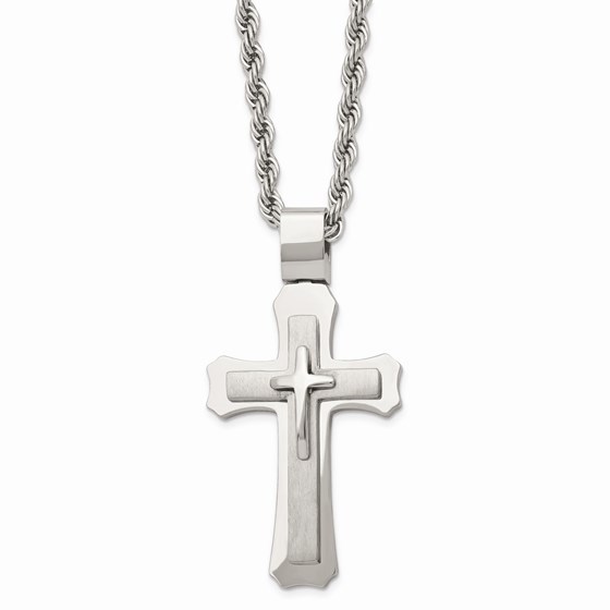 SS Brushed and Polished Triple Layer Cross Necklace - 24 in.