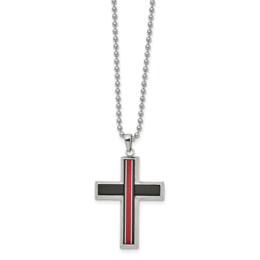 SS Brushed & Polished w/Fiber Glass Cross Necklace - 22 in.