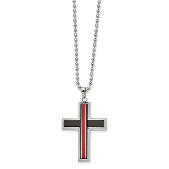 SS Brushed & Polished w/Fiber Glass Cross Necklace - 22 in.