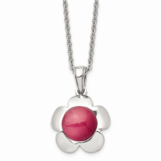 SS Flower with Pink Cat's Eye Pendant Necklace - 18 in. SS Flower with Pink Cat's Eye Pendant Necklace - 18 in.