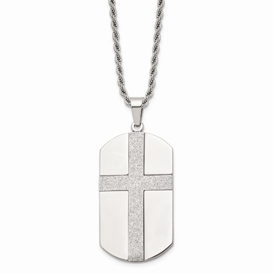 SS Laser Cut Cross Center Dog Tag Necklace - 24 in.